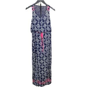 THML Dress Women's Sz S Navy White Hot Pink Tribal Print Maxi Sleeveless